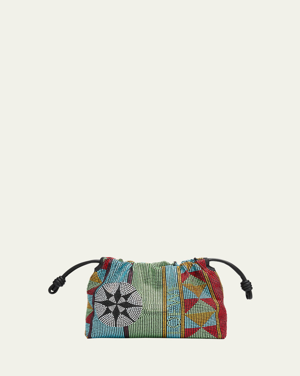 x Paula's Ibiza Flamenco Medium Embellished Shoulder Bag in Denim-Print Leather